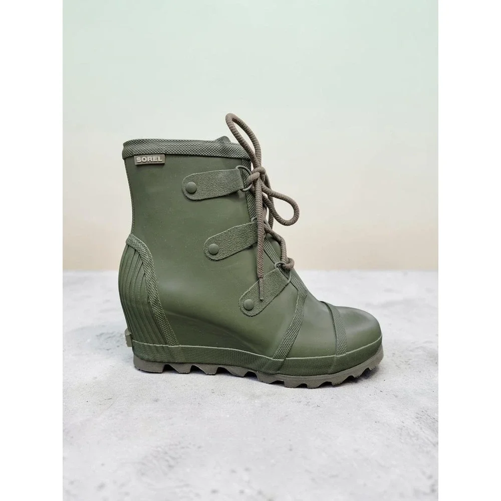 Sorel Joan Rain Wedge Boots Nori Green Olive Size 11 NL2442-383 Rare Excellent